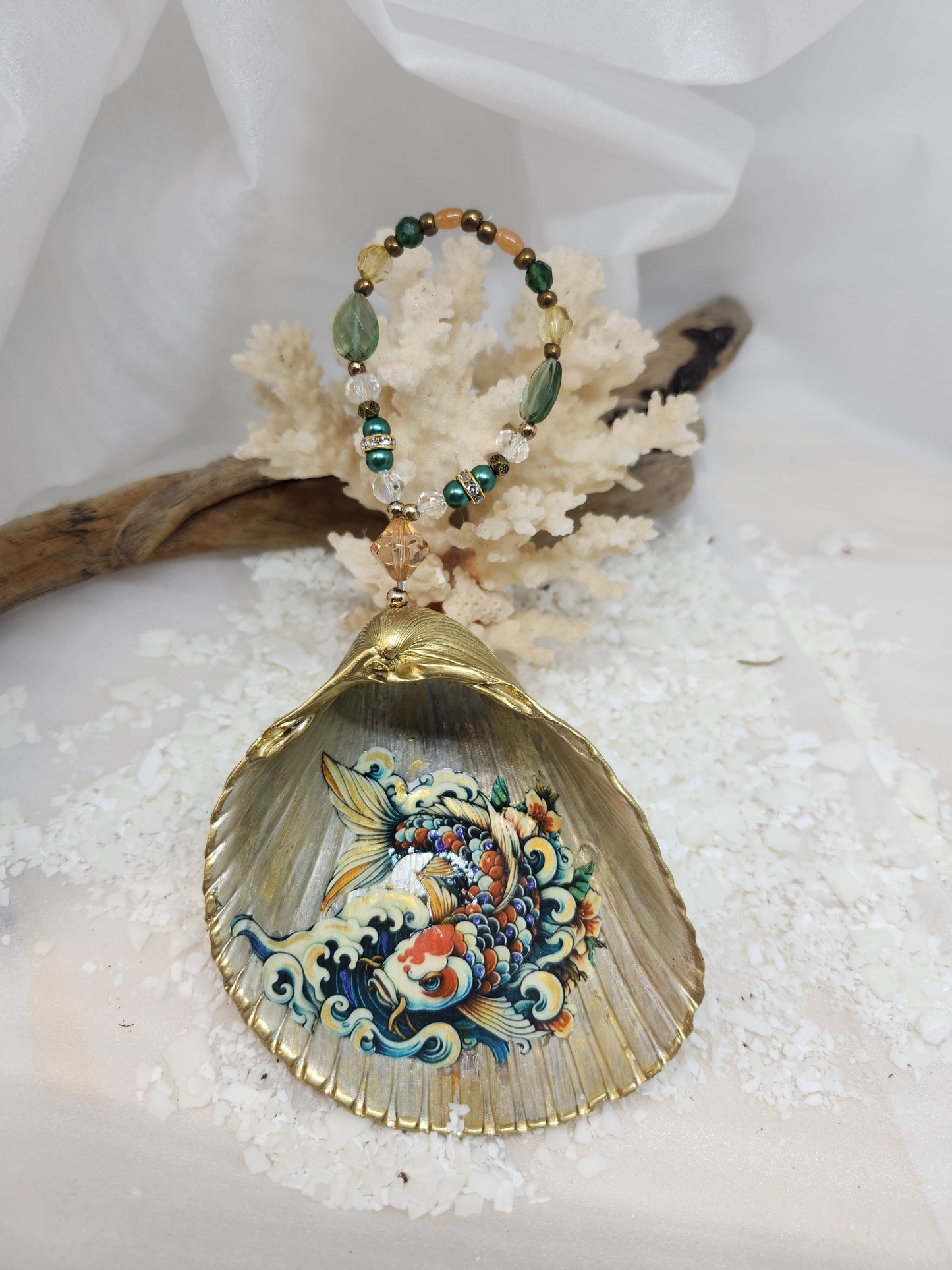 Coy fish shell ornament with beaded hanger