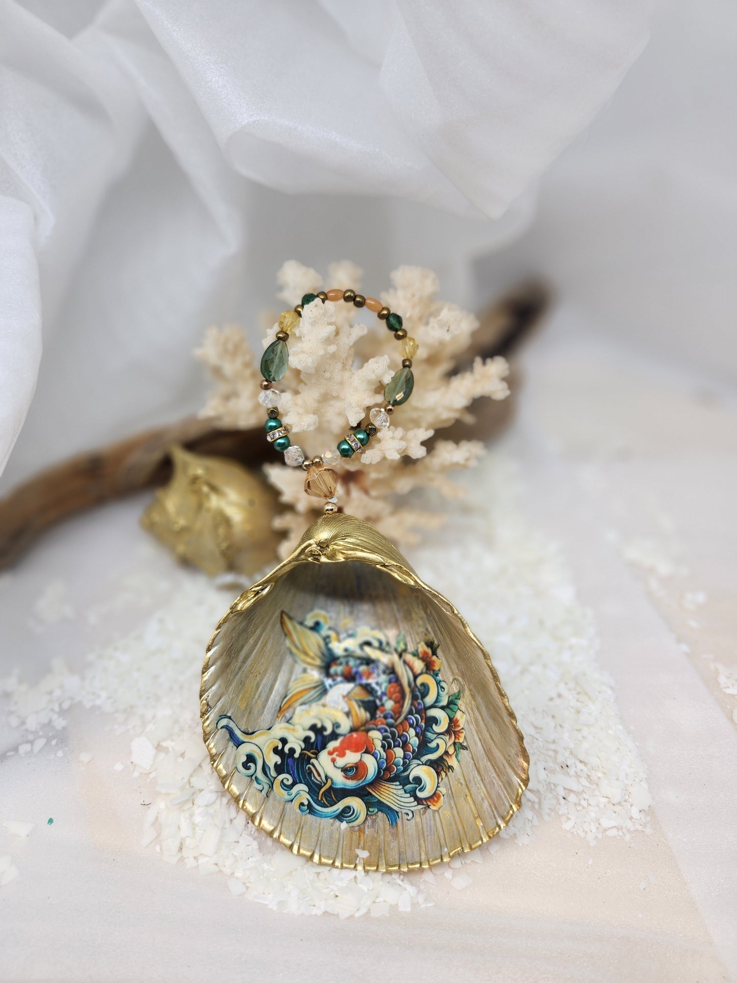 Coy fish shell ornament with beaded hanger