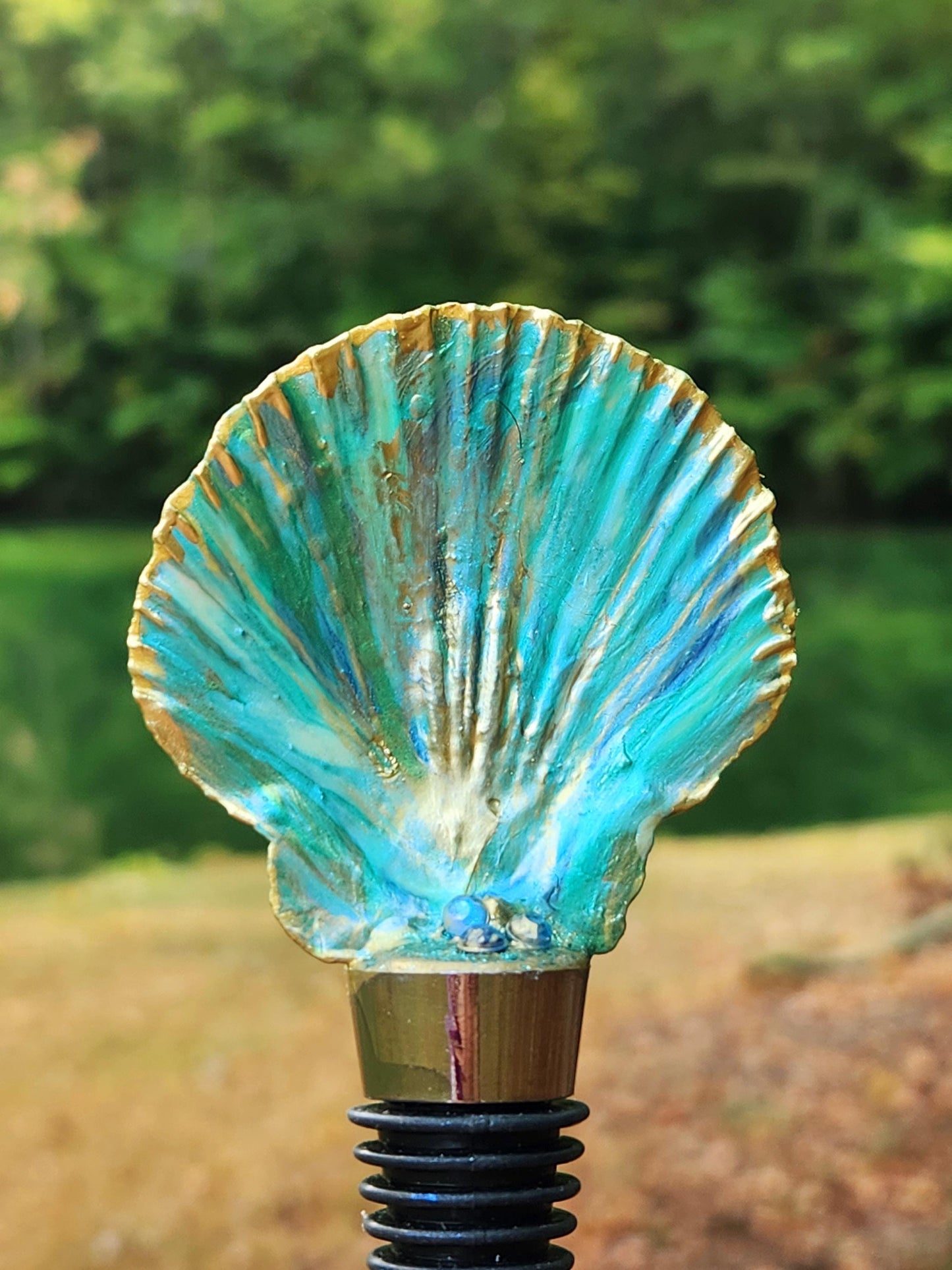 Bottle Stopper, Handpainted Scallop Shell Bottle Stopper,  Barware,  Gift,  Coastal,  Housewarming, Beach, Blue,  Gold