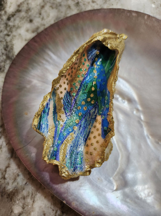 Handpainted Oyster Shell Jewelry Holder, Ring Dish, Multicolored, Gift