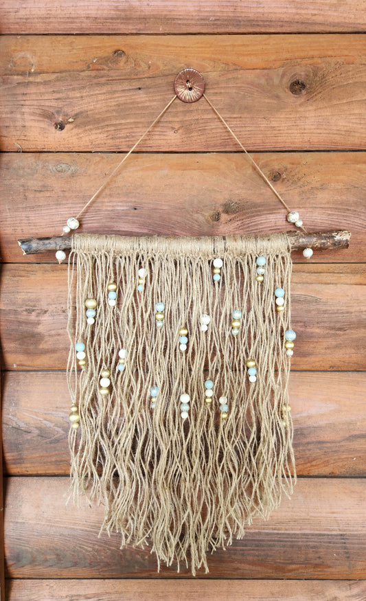 Beaded Jute Wall Hanging, Handpainted, Natural, Gold, Blue, Boho, Gift