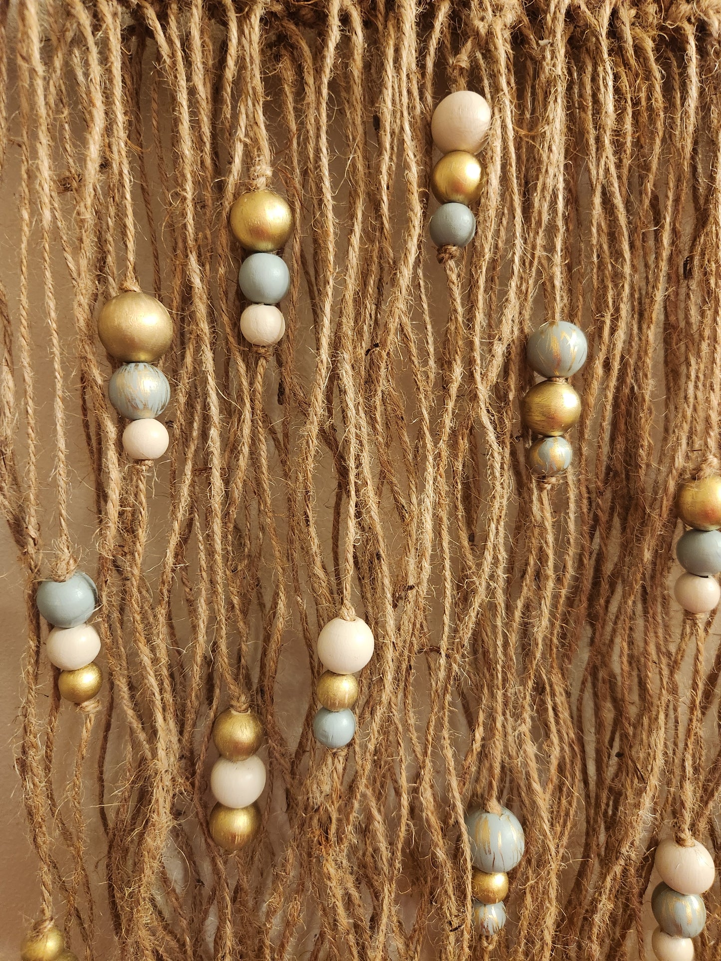 Beaded Jute Wall Hanging, Handpainted, Natural, Gold, Blue, Boho, Gift