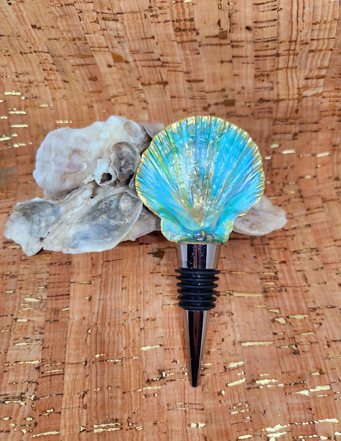 Bottle Stopper, Handpainted Scallop Shell Bottle Stopper,  Barware,  Gift,  Coastal,  Housewarming, Beach, Blue,  Gold