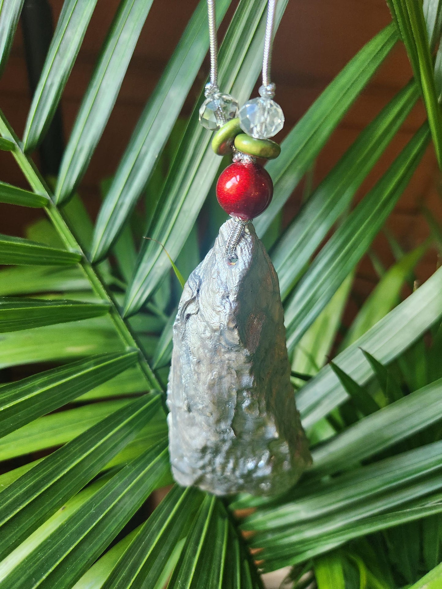 Handpainted Christmas Oyster Shell Ornament, Santa, Beaded, Silver, Gift, Package