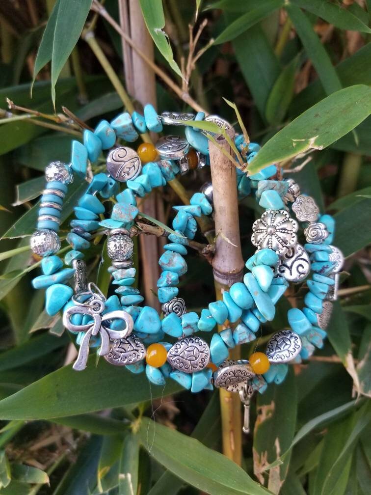 Turquoise and Silver Beaded Wrap Bracelet