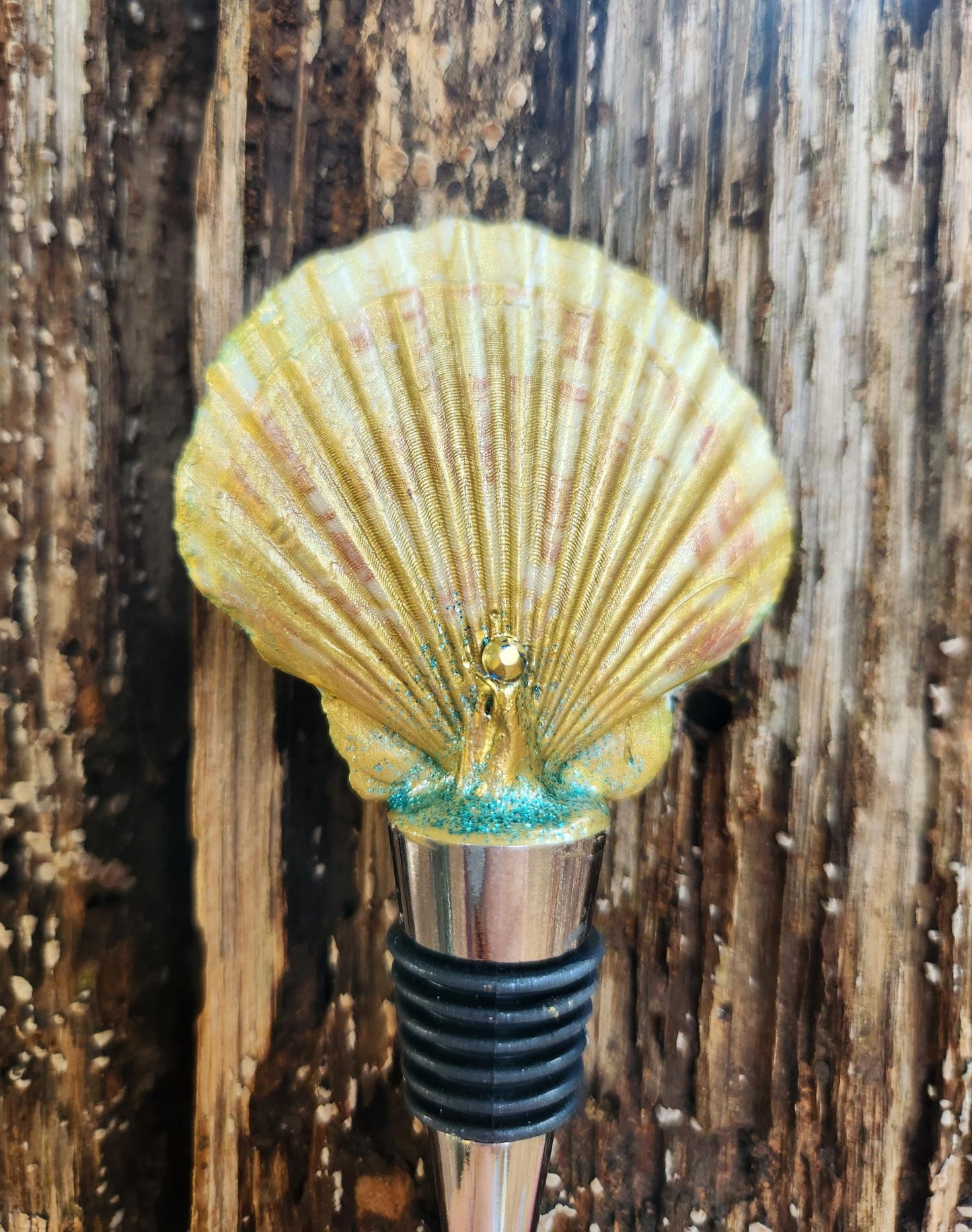 Bottle Stopper, Handpainted Scallop Shell Bottle Stopper,  Barware,  Gift,  Coastal,  Housewarming, Beach, Blue,  Gold