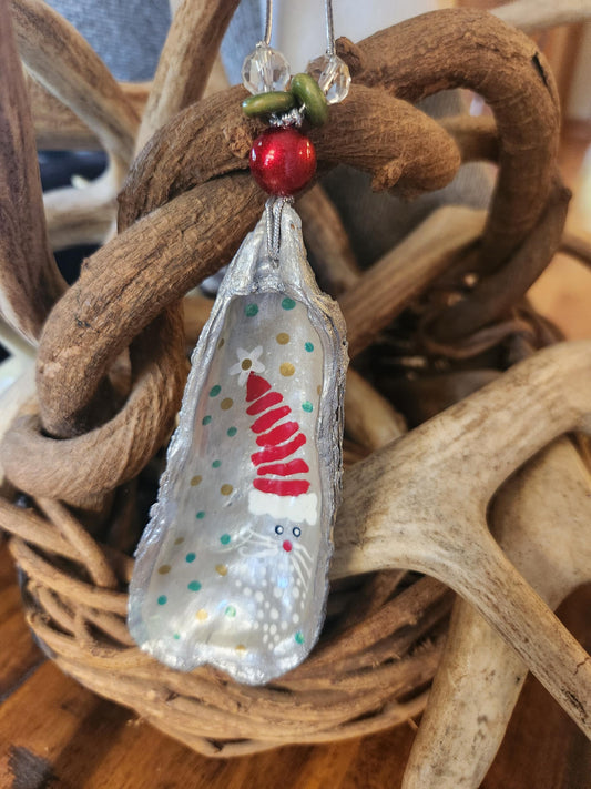 Handpainted Christmas Oyster Shell Ornament, Santa, Beaded, Silver, Gift, Package