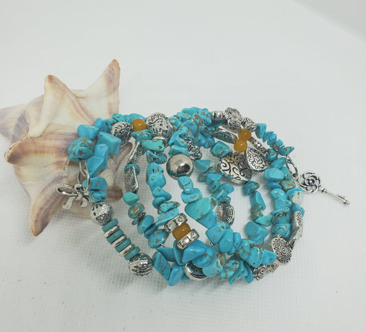 Turquoise and Silver Beaded Wrap Bracelet