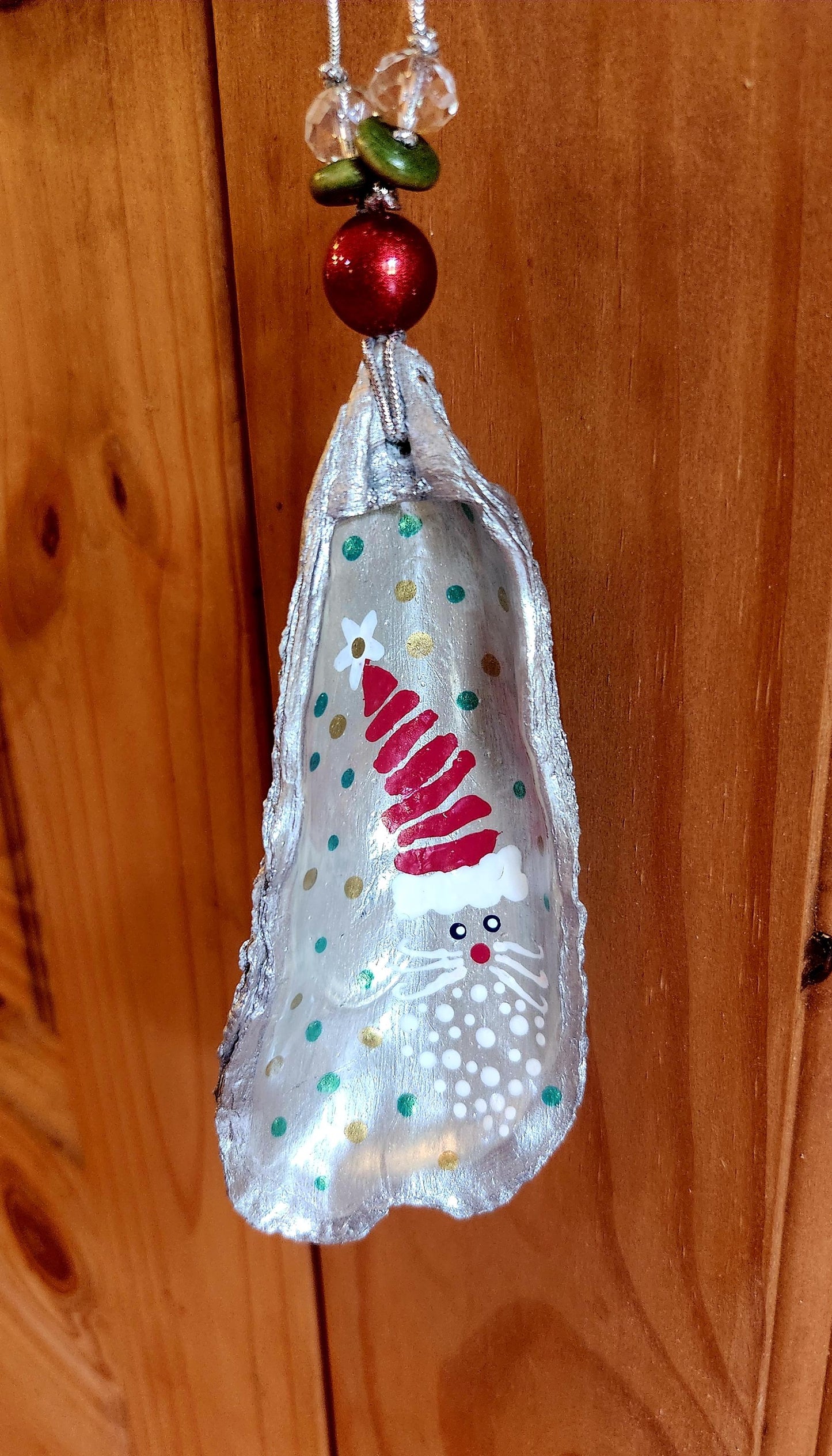 Handpainted Christmas Oyster Shell Ornament, Santa, Beaded, Silver, Gift, Package