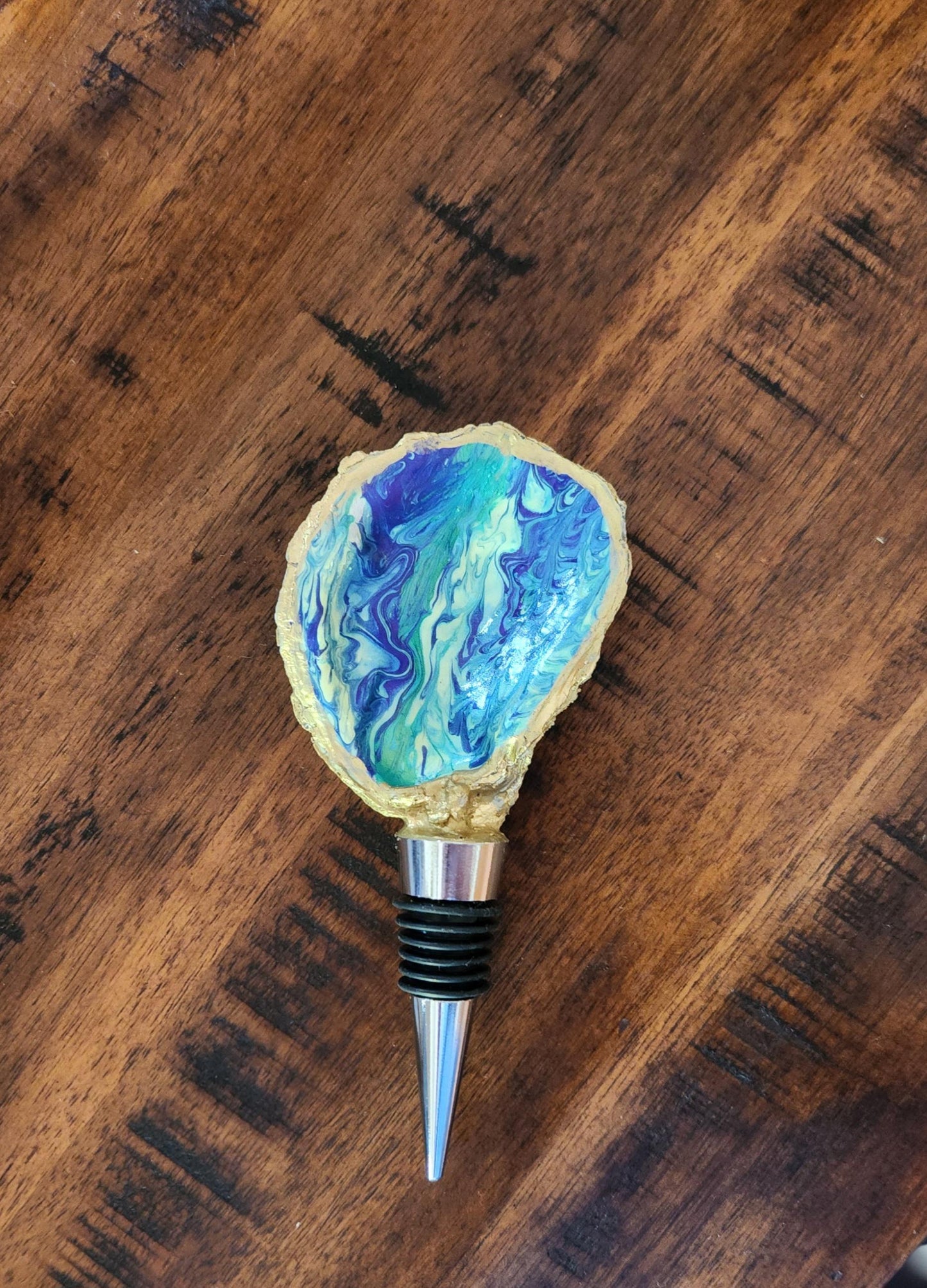 Bottle Stopper, Handpainted Oyster Shell Bottle Stopper,  Barware,  Gift,  Coastal,  Housewarming, Beach, Blue,  Gold, Abstract