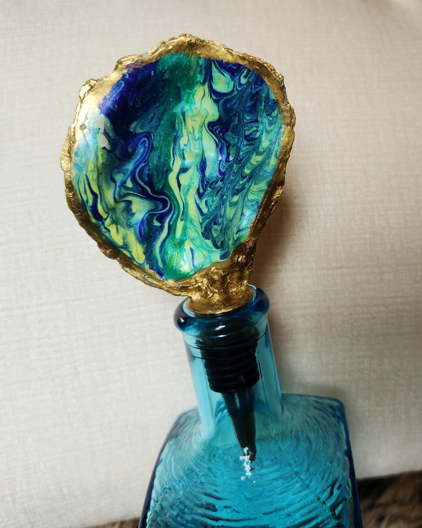 Bottle Stopper, Handpainted Oyster Shell Bottle Stopper,  Barware,  Gift,  Coastal,  Housewarming, Beach, Blue,  Gold, Abstract