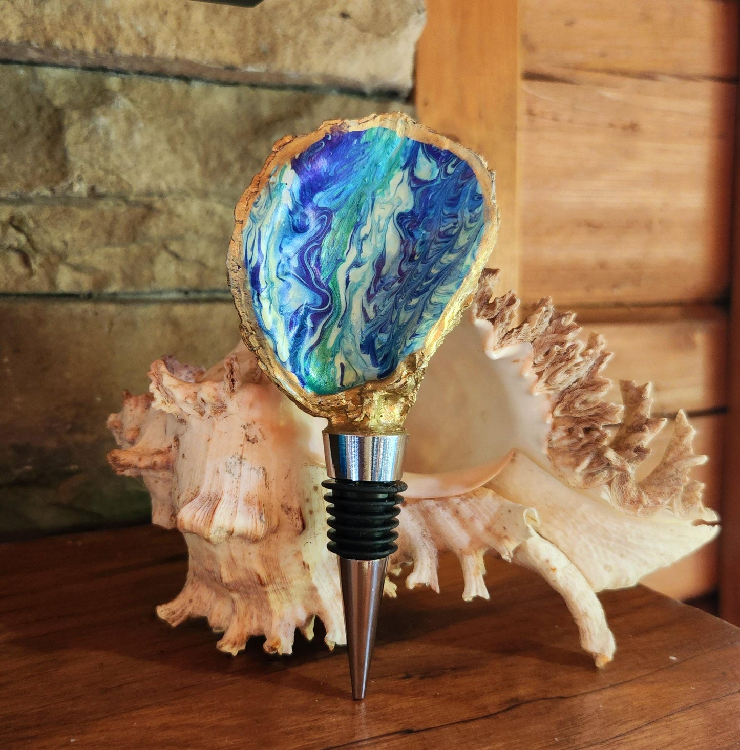 Bottle Stopper, Handpainted Oyster Shell Bottle Stopper,  Barware,  Gift,  Coastal,  Housewarming, Beach, Blue,  Gold, Abstract