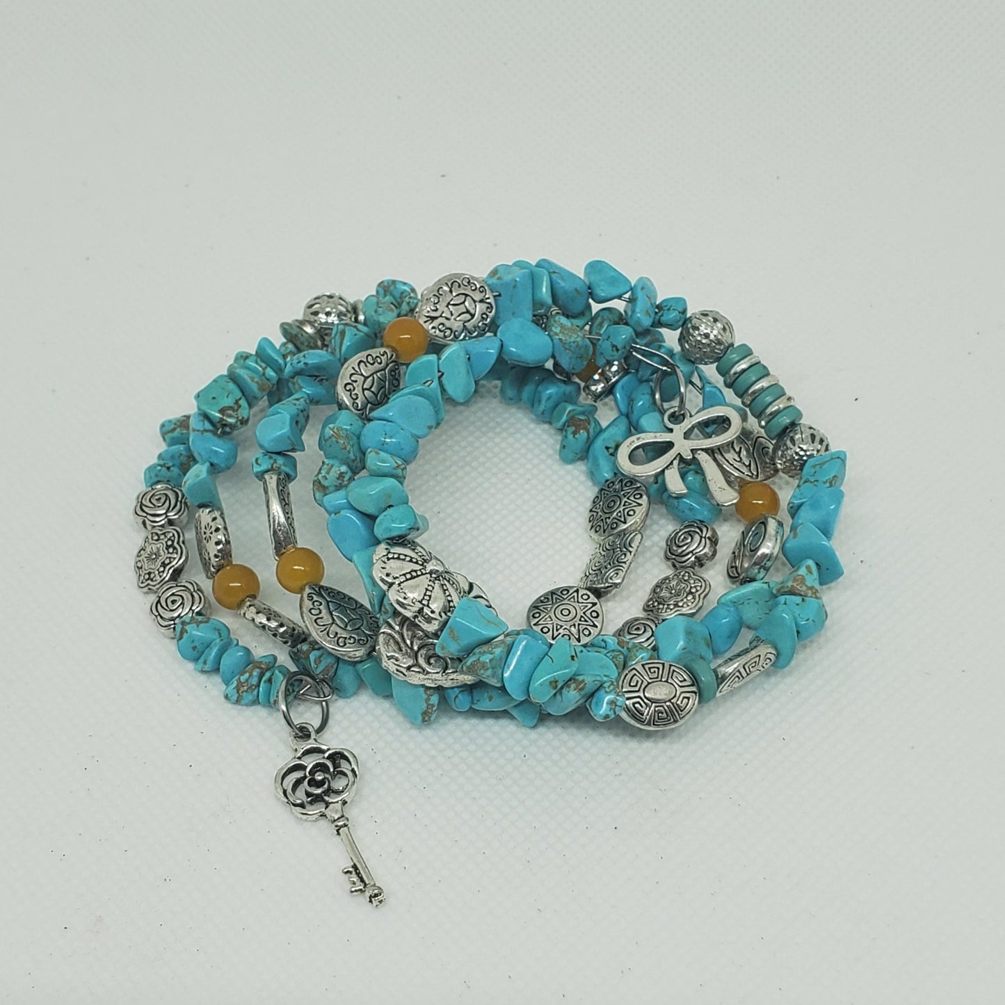 Turquoise and Silver Beaded Wrap Bracelet