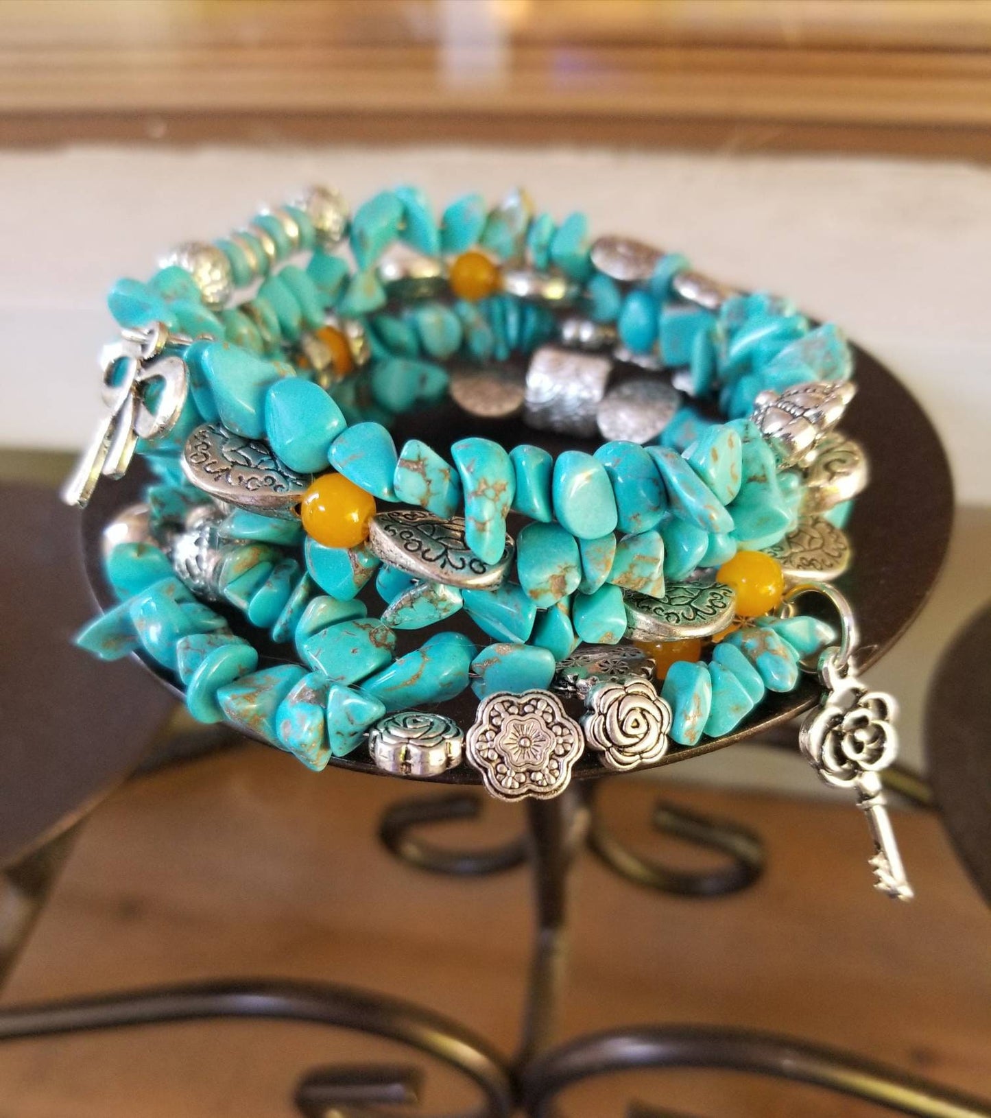 Turquoise and Silver Beaded Wrap Bracelet