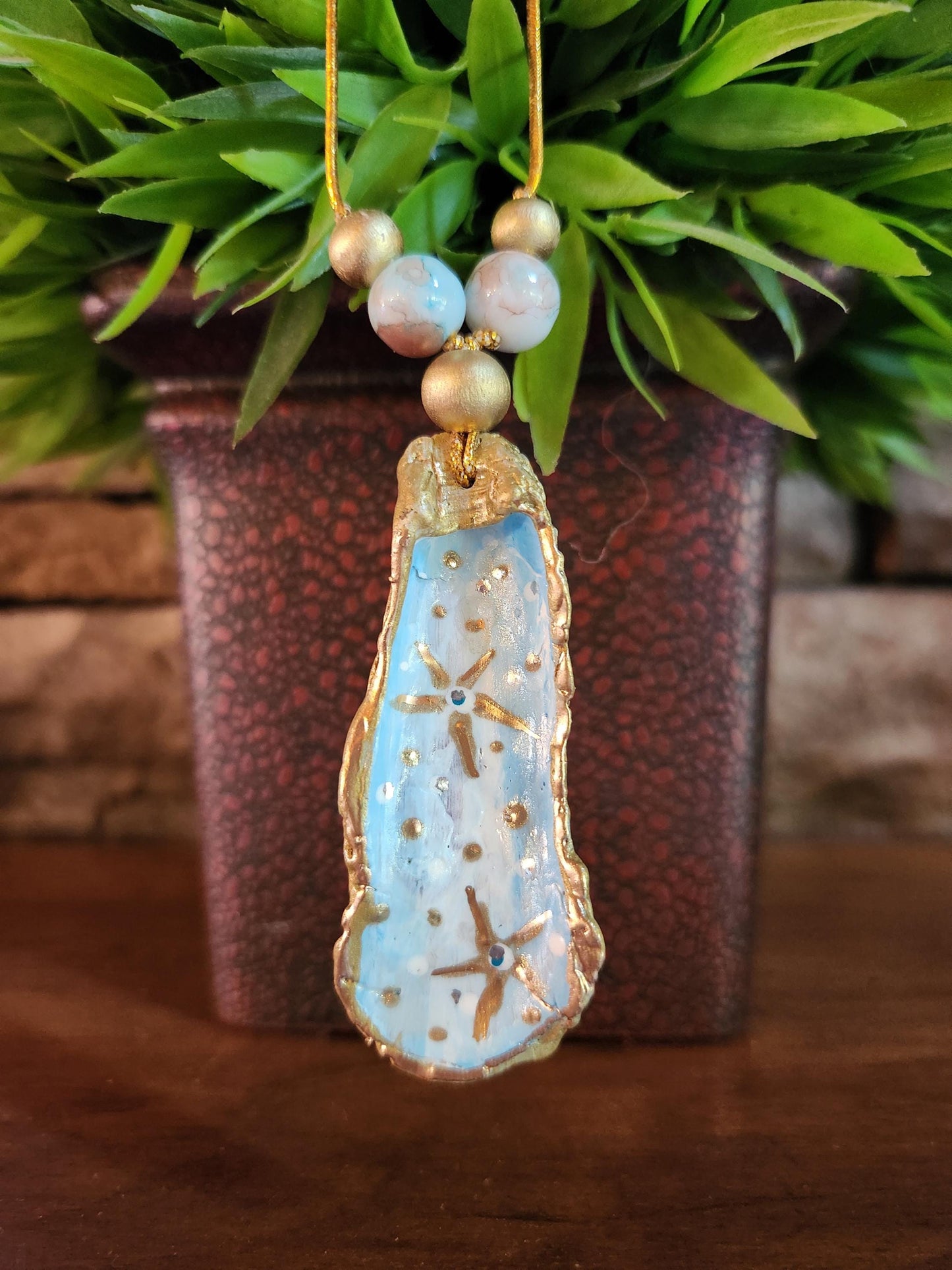 Handpainted Oyster Shell Holiday Ornament, Beaded, Wine Bottle Charm, Holiday, Gift, Home Decor