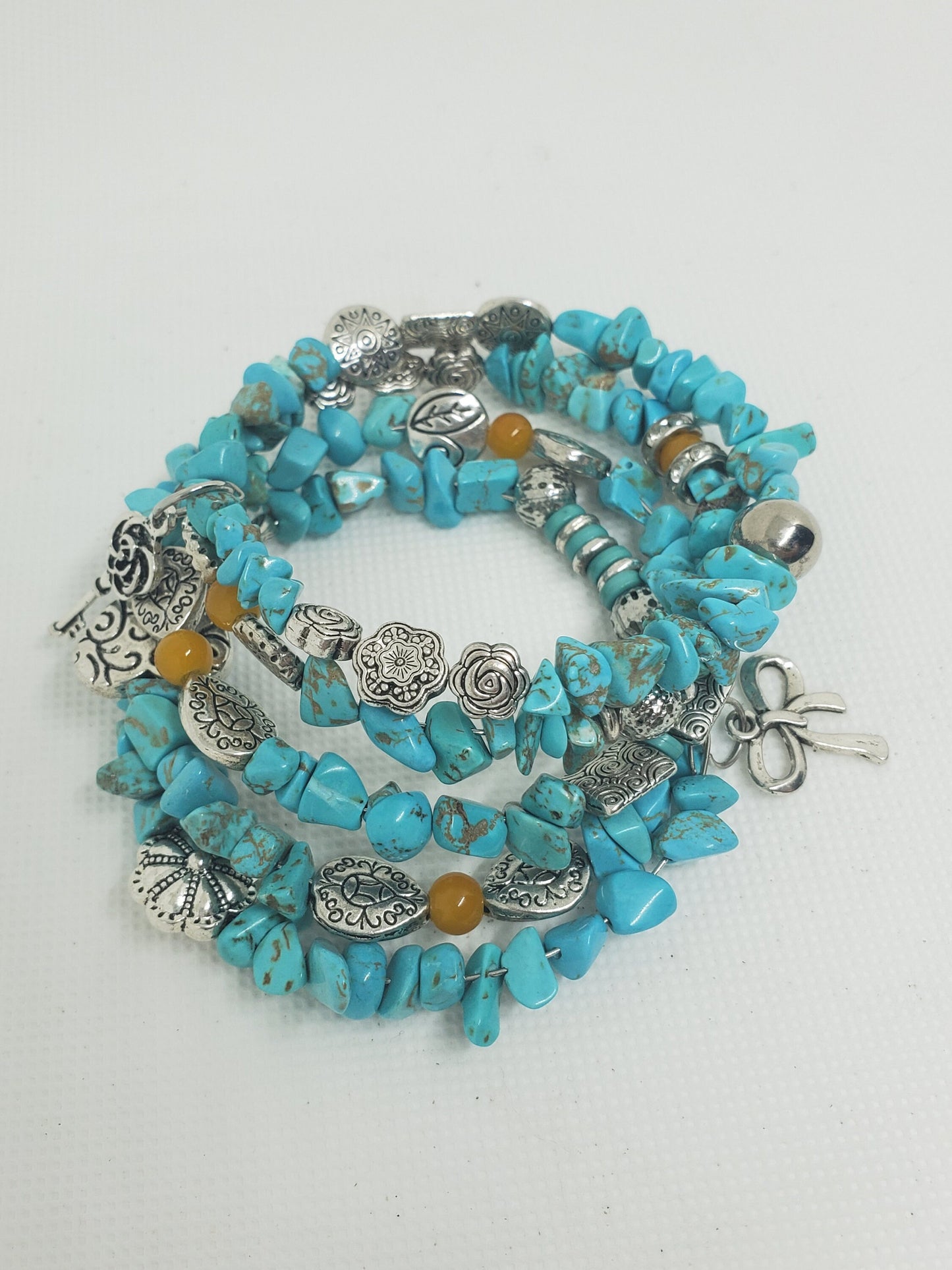 Turquoise and Silver Beaded Wrap Bracelet