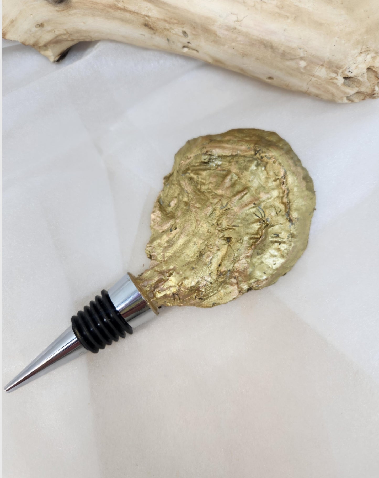 Bottle Stopper, Decopagued and Painted Oyster Shell, Fish Design, Gold, Barware, Gift, Coastal, Housewarming