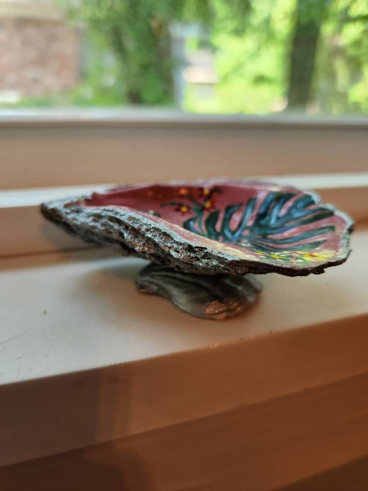 Tropical Handpainted Oyster Shell Jewelry Dish, Trinket Holder, Gift, Hostess, Housewarming,  Bridal