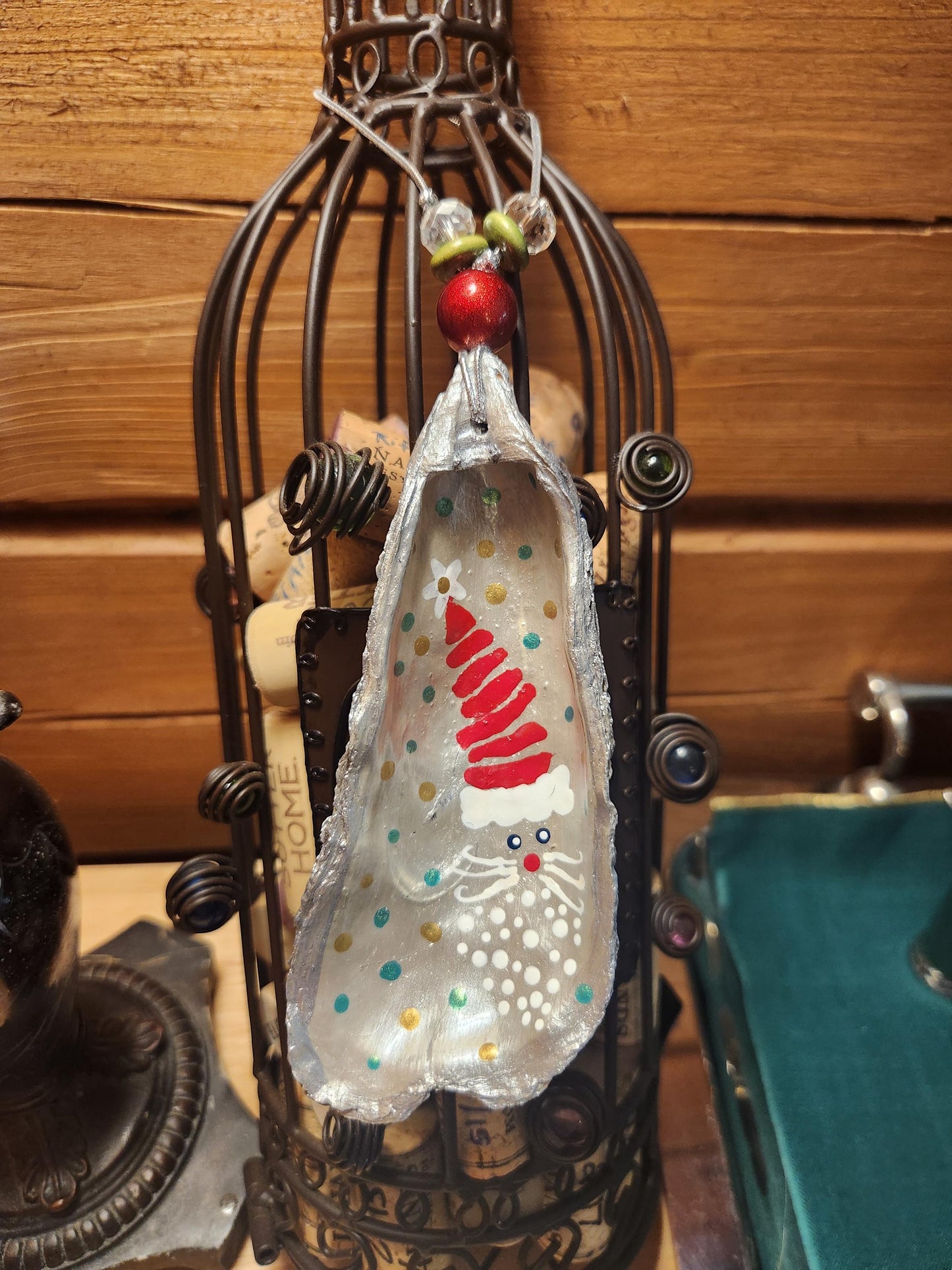 Handpainted Christmas Oyster Shell Ornament, Santa, Beaded, Silver, Gift, Package