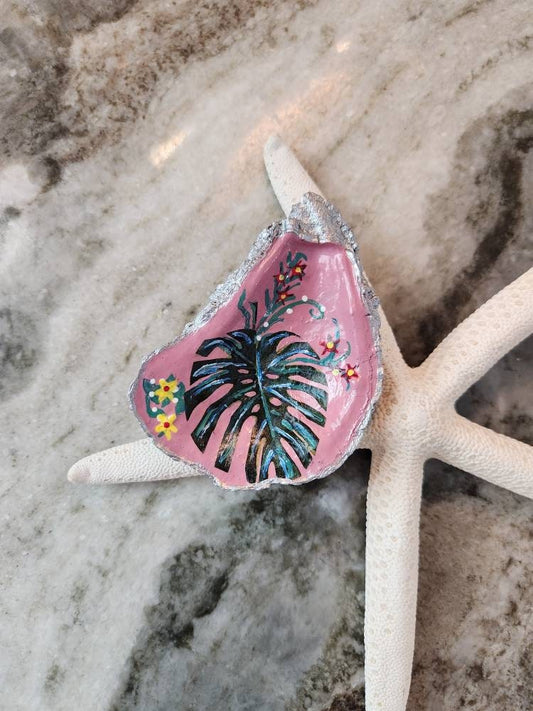 Tropical Handpainted Oyster Shell Jewelry Dish, Trinket Holder, Gift, Hostess, Housewarming,  Bridal