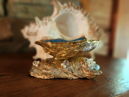 Handpainted Oyster Shell Jewelry Holder, Ring Dish, Trinket Holder, Blue, Gold, Desk Accessory, Gift, Coastal