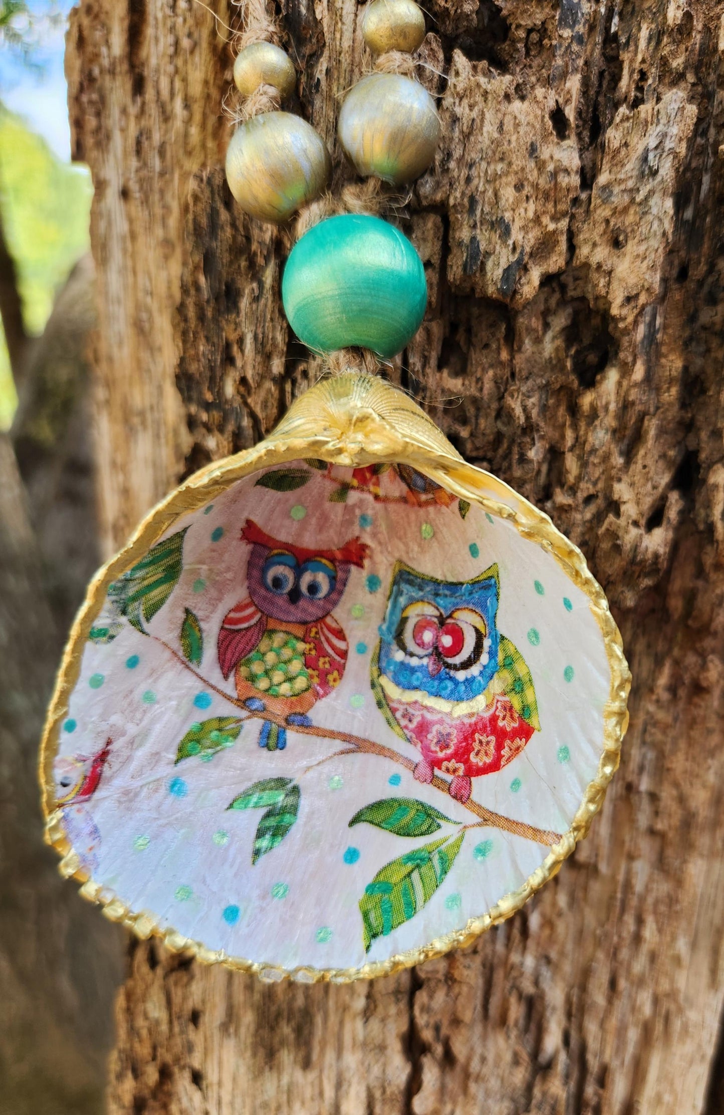 Shell Owl Ornament, Scallop, Handpainted, Decopagued, Fall, Autumn, Gift, Beaded