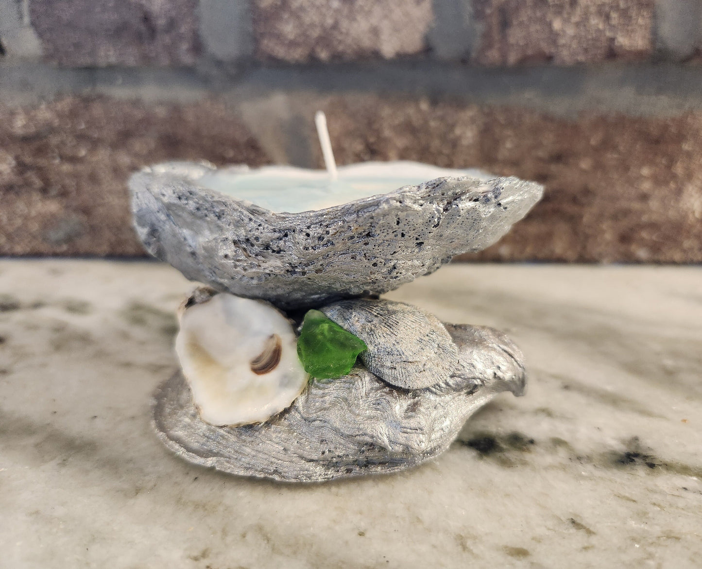 Scented Oyster Shell Candle, Scented, Soy, Gift, Coastal, Lemon Grass, Recycled, Sea Glass, Handpainted