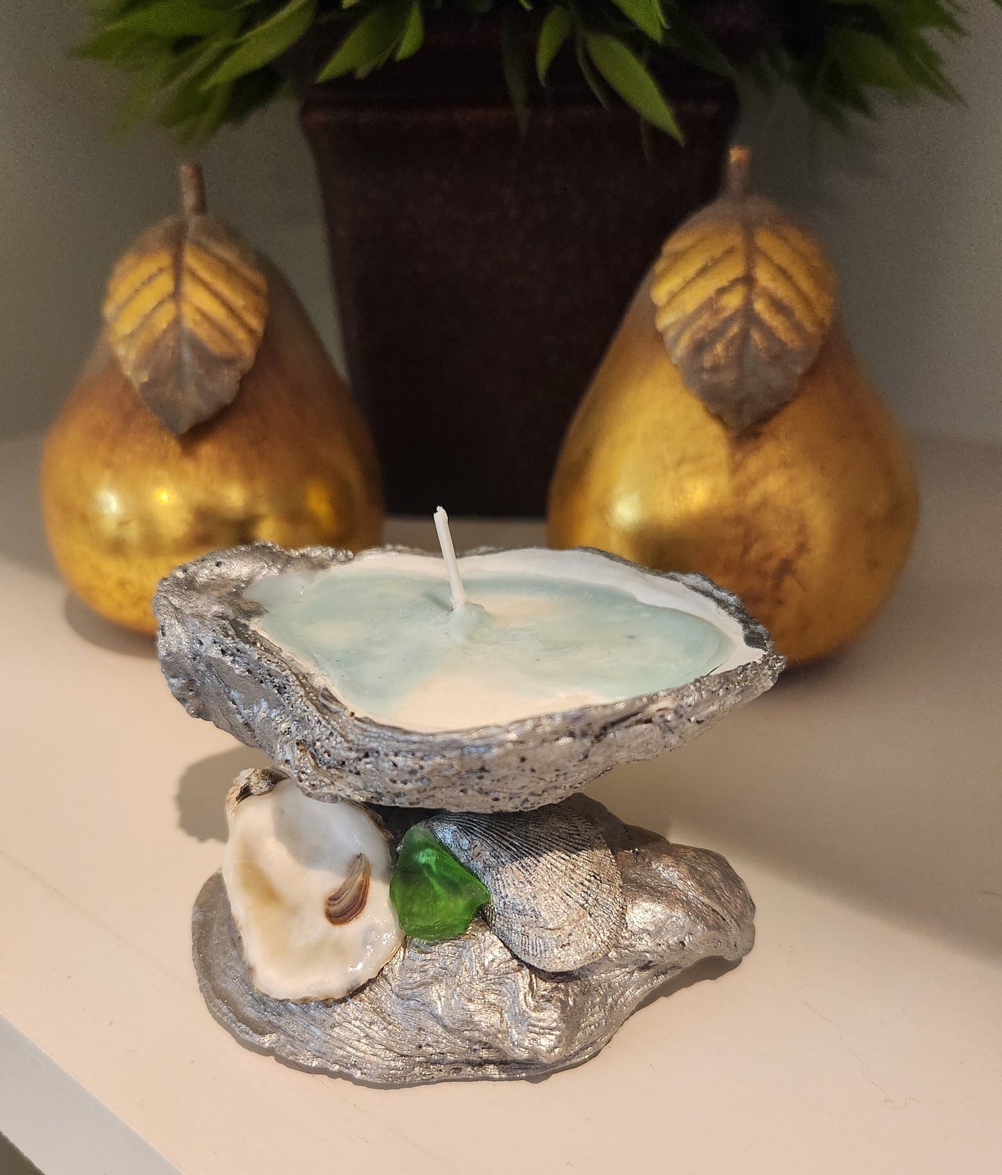 Scented Oyster Shell Candle, Scented, Soy, Gift, Coastal, Lemon Grass, Recycled, Sea Glass, Handpainted