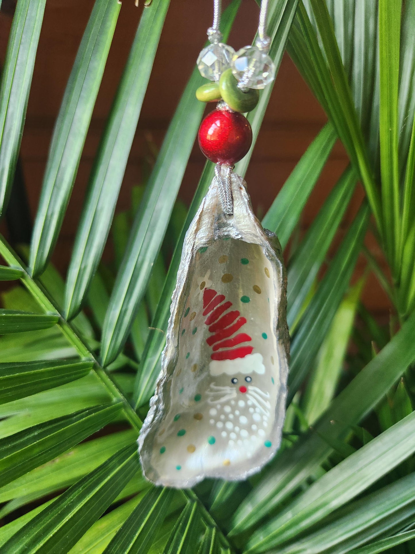 Handpainted Christmas Oyster Shell Ornament, Santa, Beaded, Silver, Gift, Package