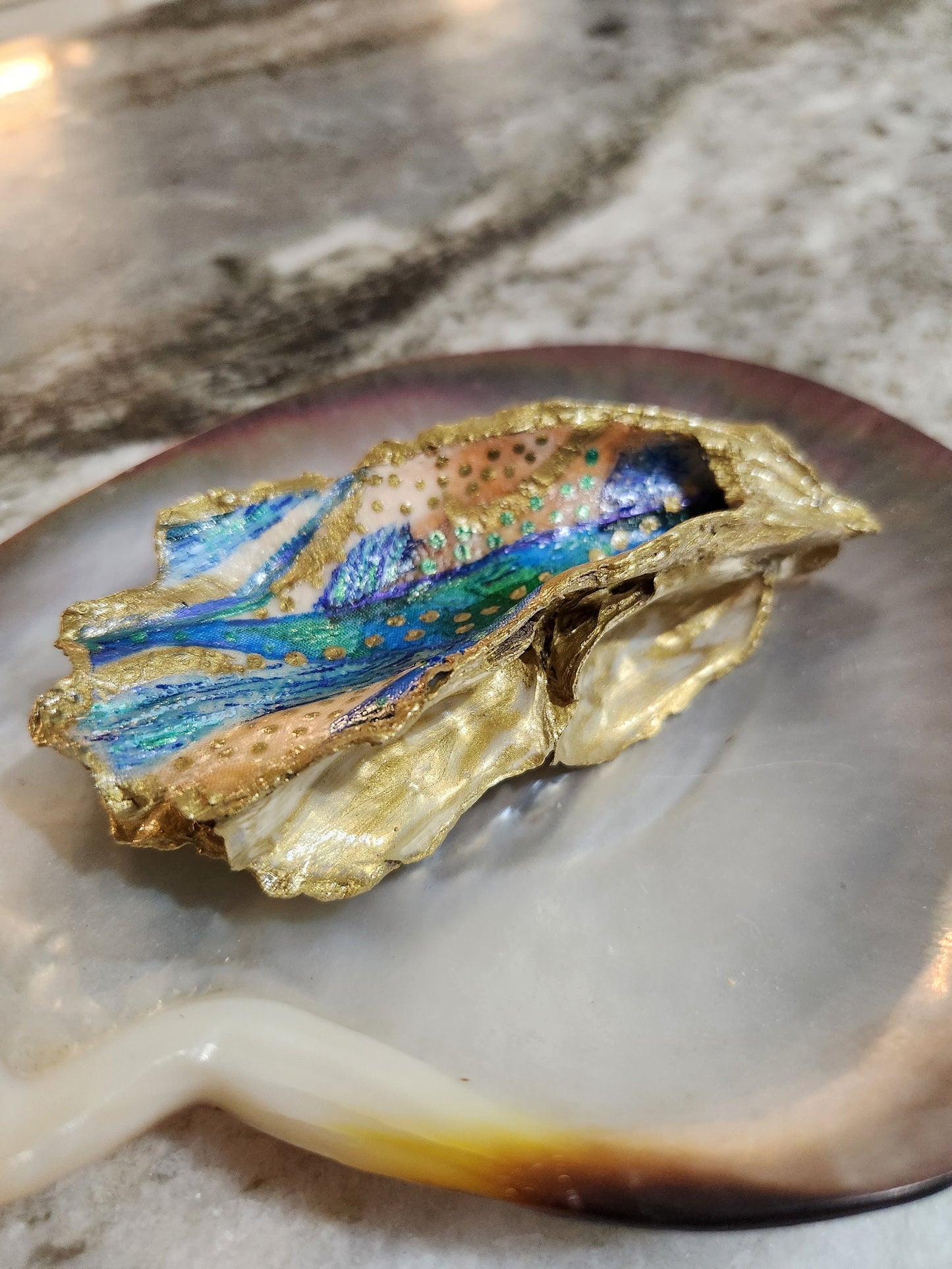 Handpainted Oyster Shell Jewelry Holder, Ring Dish, Multicolored, Gift