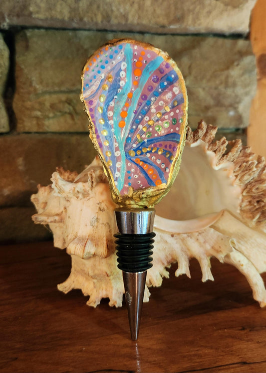 Bottle Stopper, Handpainted Oyster Shell Bottle Stopper,  Abstract, Barware,  Gift,  Coastal,  Housewarming, Beach