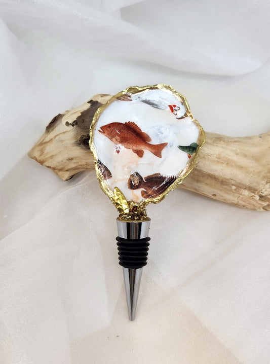 Bottle Stopper, Decopagued and Painted Oyster Shell, Fish Design, Gold, Barware, Gift, Coastal, Housewarming