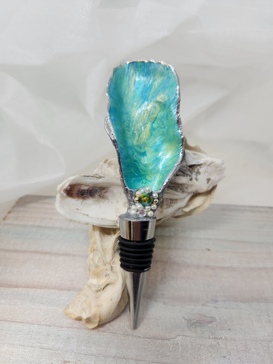 Bottle Stopper, Handpainted Oyster Shell Bottle Stopper, Abstract Marbled Design, Silver, Barware, Gift, Coastal, Housewarming