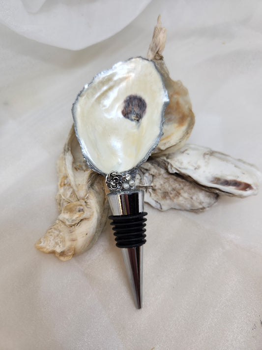 Bottle Stopper, Handpainted Oyster Shell, Natural, Silver, Barware, Gift, Coastal, Housewarming, Beach