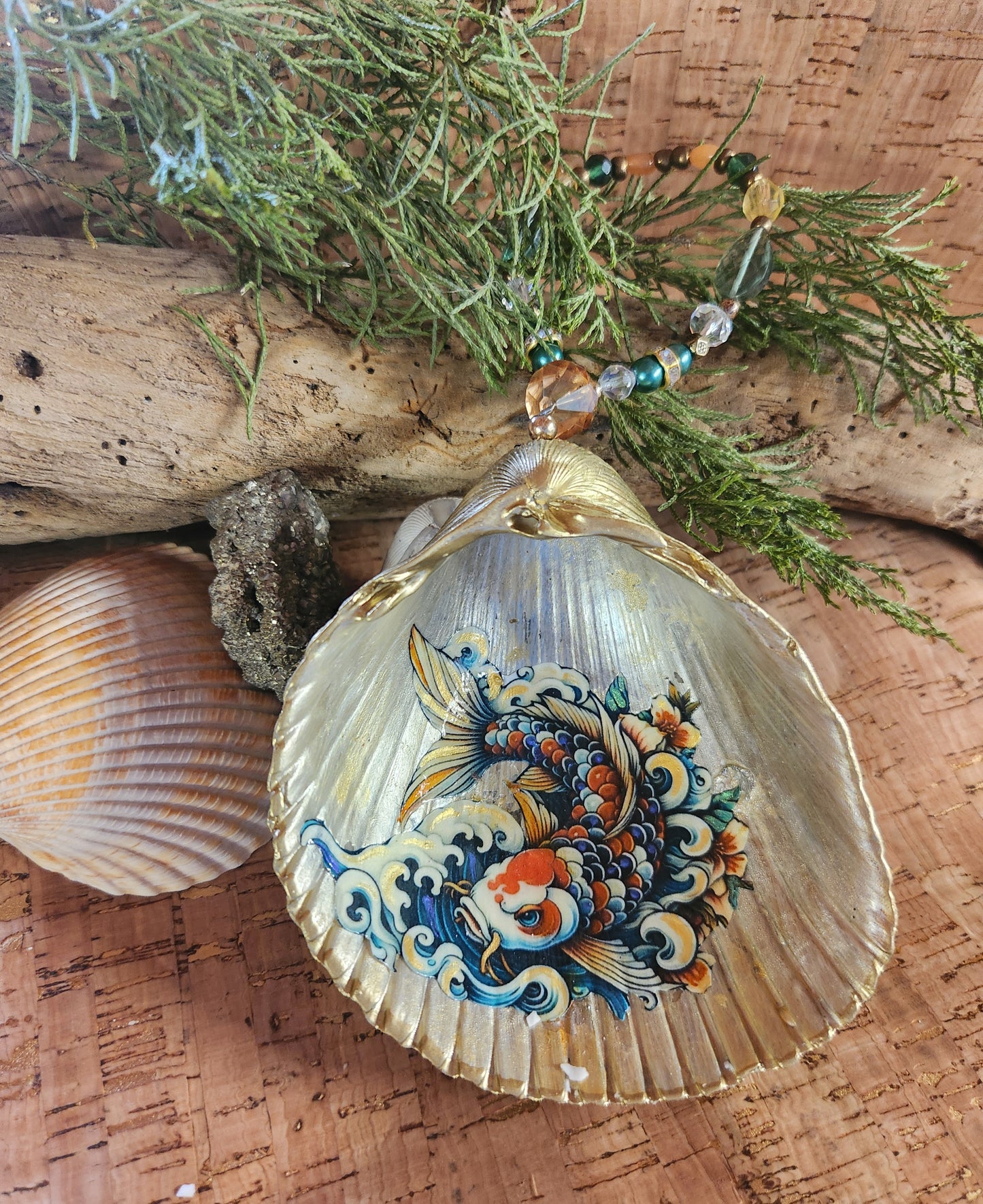 Coy fish shell ornament with beaded hanger