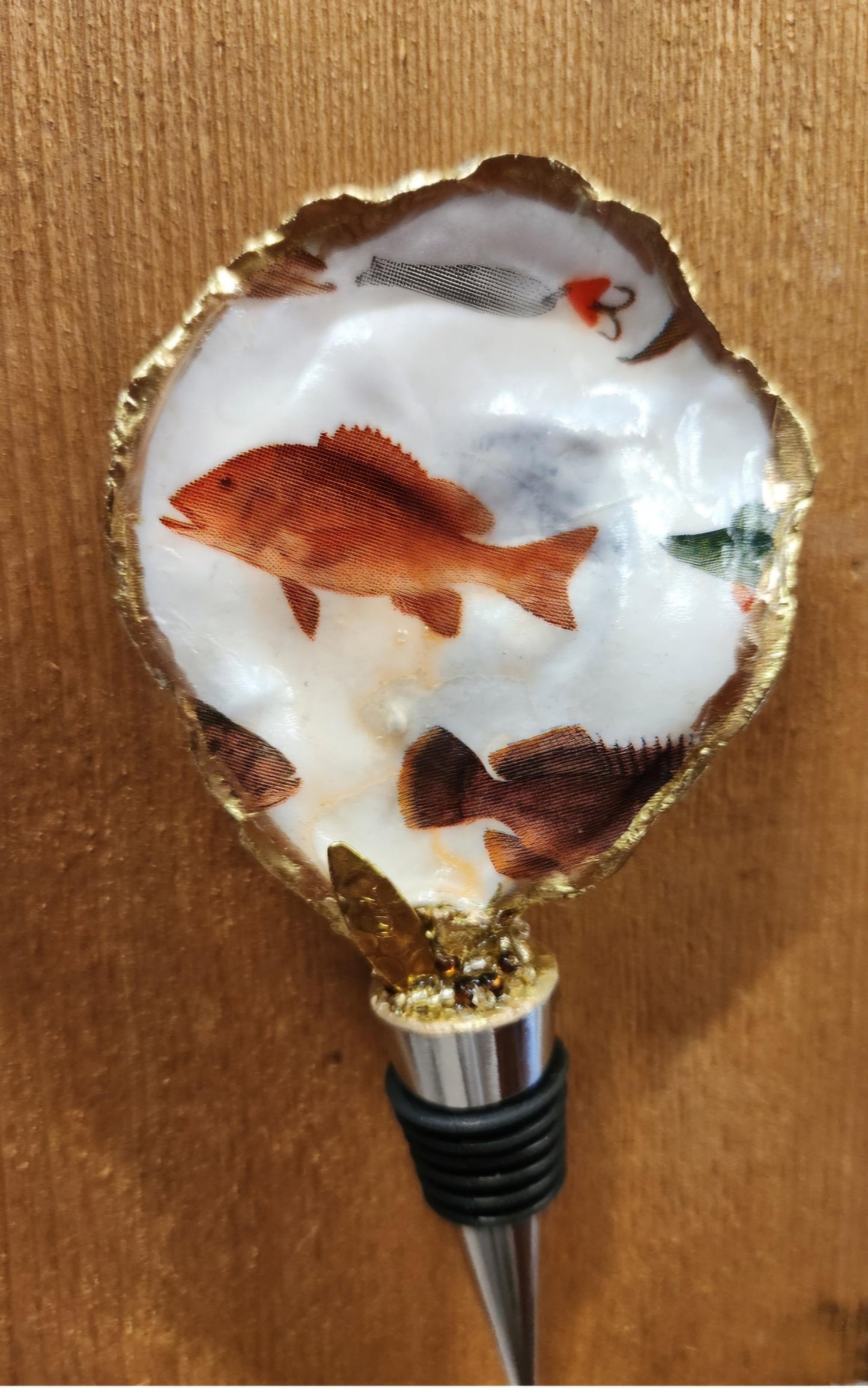 Bottle Stopper, Decopagued and Painted Oyster Shell, Fish Design, Gold, Barware, Gift, Coastal, Housewarming